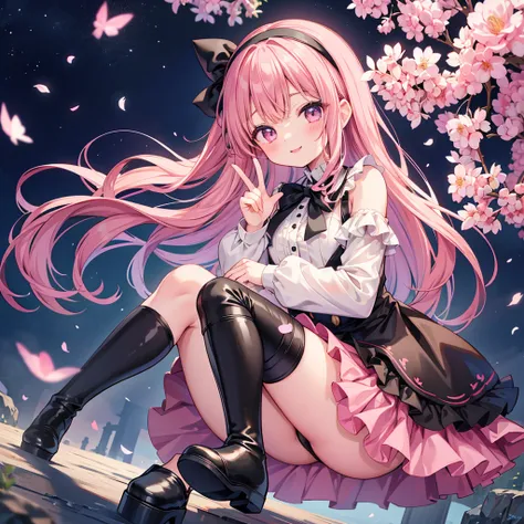  anime style、story、、  beautiful girl、とてもcute天使、pink gothic dress、cute、baby face、smile、LOVE LONG SKIRTS、black boots、Very cute headband
