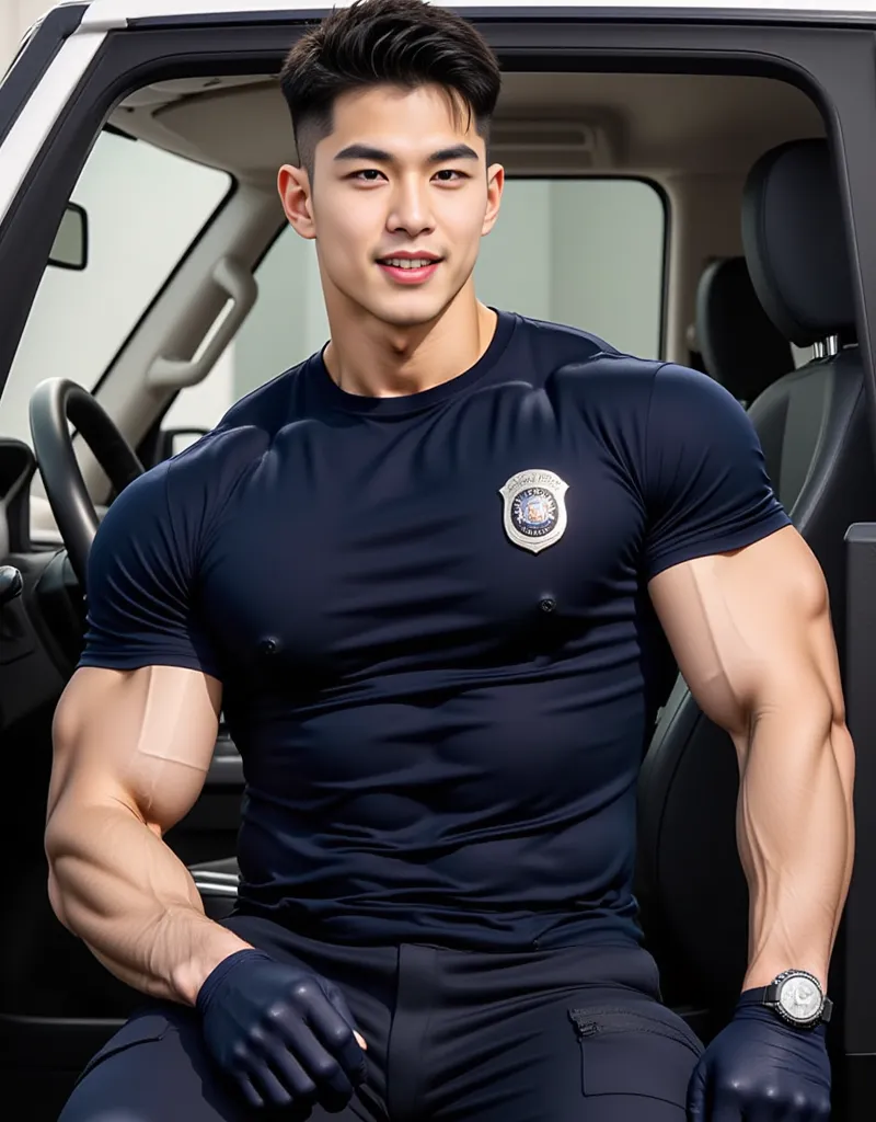  1 handsome man short hair ,crew cut hair, smile ,Wear a fitted round neck t-shirt, solid blue t-shirt,with a police badge,Navy Cargo pants,black gloves, ,Korean guy,chest muscles,large arm muscles,blood vessel,Big muscles,Broad shoulders, sitting in the c...