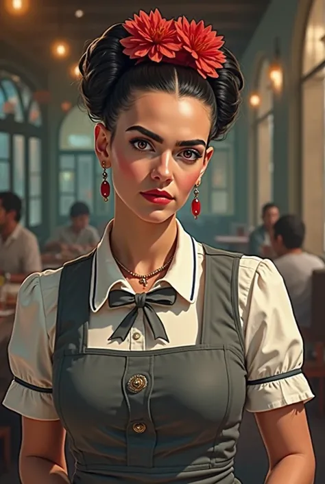 Frida Kahlo dressed as a waitress with a gray vest and bow 