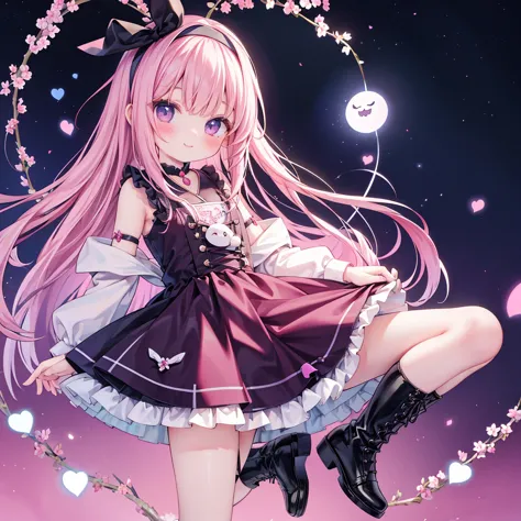  anime style、story、、  beautiful girl、とてもcute天使、pink gothic dress、cute、baby face、smile、LOVE LONG SKIRTS、black boots、Very cute headband
