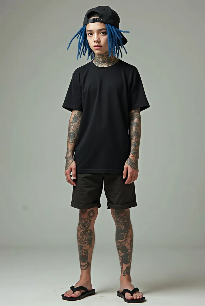 An 18-year-old white-skinned Brazilian man wearing a short blue dread with a black cap and tattoos all over her body, literally everything, even her legs, flip flops and shorts, and realistic black t-shirt.