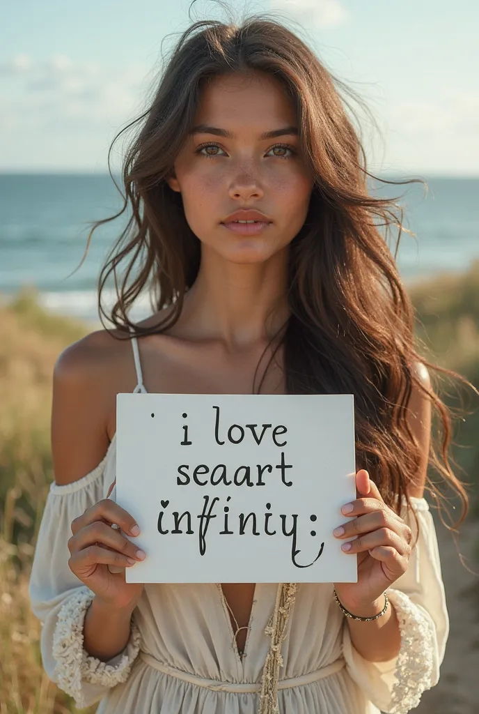 Beautiful girl with wavy long hair, bohemian dress, holding a white board with text "I Love Seaart Infinity" and showing it to the viewer