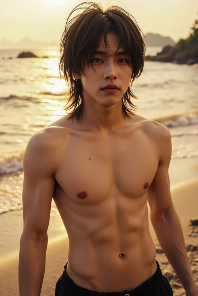 A sexy toned Korean guy with black hair in a Mullet cut with bangs, black eyes, shirtless on a beach