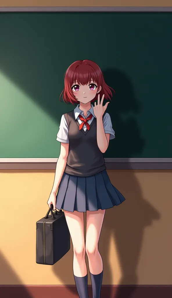 A beautiful and seductive female student, Alone, (amazing high resolution, masterpiece, best quality, highly detailed, CG ,  High-quality anime image ), (school uniform,  choppy hair, holding a school bag), ( classroom , introducing herself in front of the...