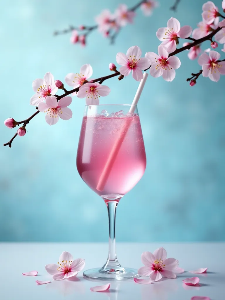 high resolution, real photo, a wine glass, clear pink drink, decorated with a long branch of cherry blossoms in a wine glass,  a white straw, a few fallen cherry blossom petals, blue color background, photography studio,