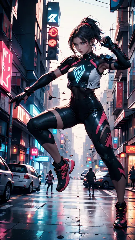 Demihawks,  city sprawl , woman, urban  dance clothing, Dramatic Lighting, High Contrast, silhouette, Poster-worthy, street fashion from final adjustments, graffiti, neon lights,  Shadow, dystopian, Cyberpunk,  future, Sci-fi, tron ,  Leaf Runner , Elysium...