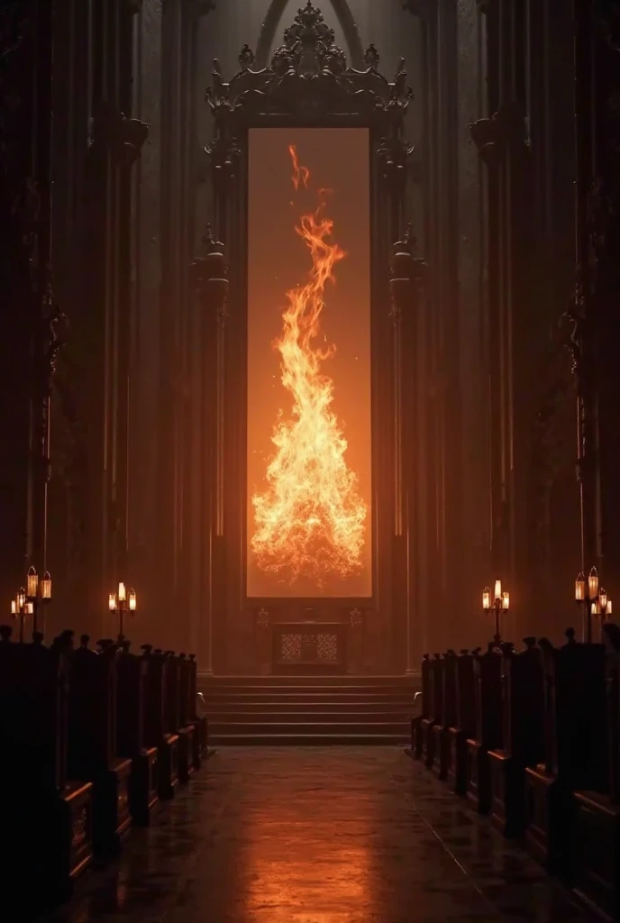 Church with the screen written The Glory of God and a flame on the screen,  black walls 