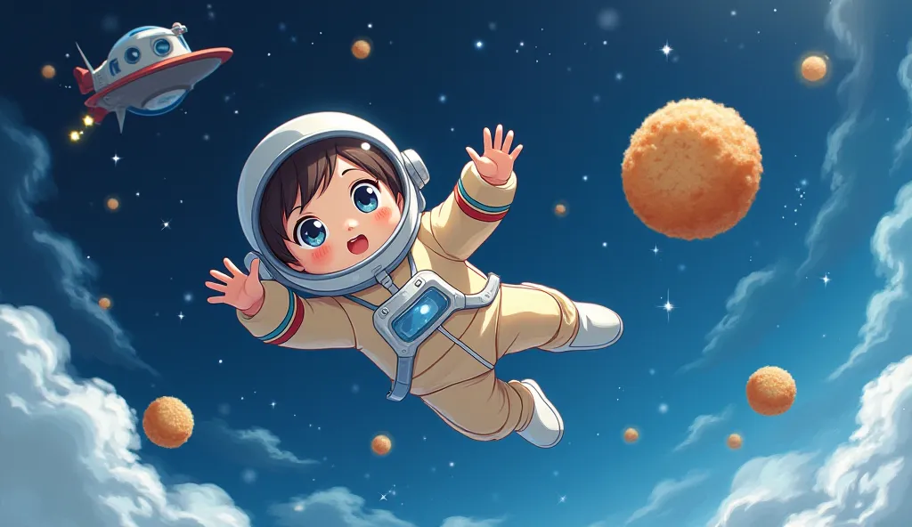 Prompt: anime style, cel-shaded, a  boy floating in zero gravity, eagerly searching for a dorayaki in space, wide-eyed with excitement and determination, wearing a small astronaut suit, soft pastel tones with a deep blue cosmic background filled with twink...