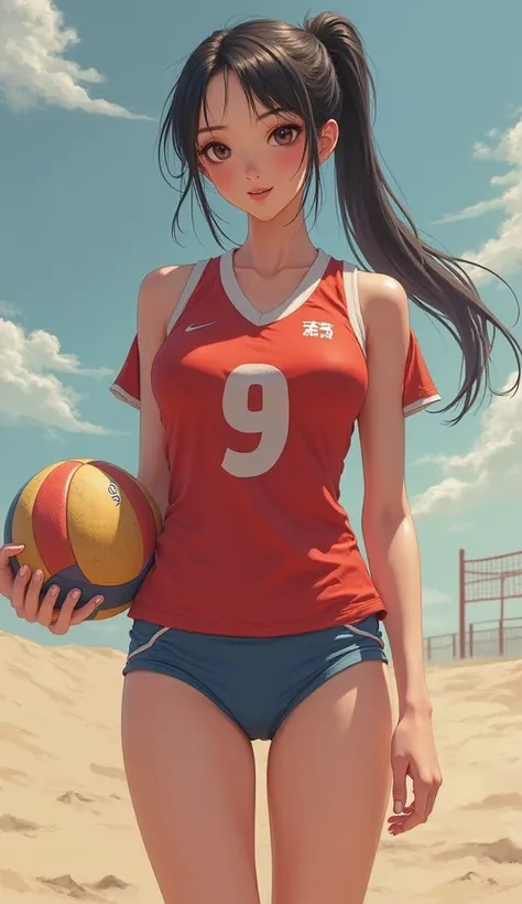 ((masterpiece, the best quality)),a ,8K,Realistic Approach,Complicated details,A Chinese girl with big breasts, Female,Women's volleyball uniform,Wearing the number 9 jersey, over knee-length socks ,inner sand bottom,Tall boy,long leges,Horsetail, raised b...