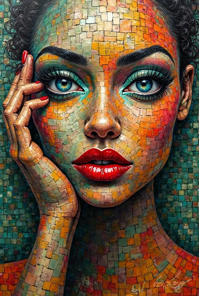 A striking, larger-than-life face emerges from a textured, mosaic-like background, painted in bold, vibrant colors that blend seamlessly into the features of the figure. The figure boasts an intricate patchwork of hues—deep greens, bright oranges, reds, an...