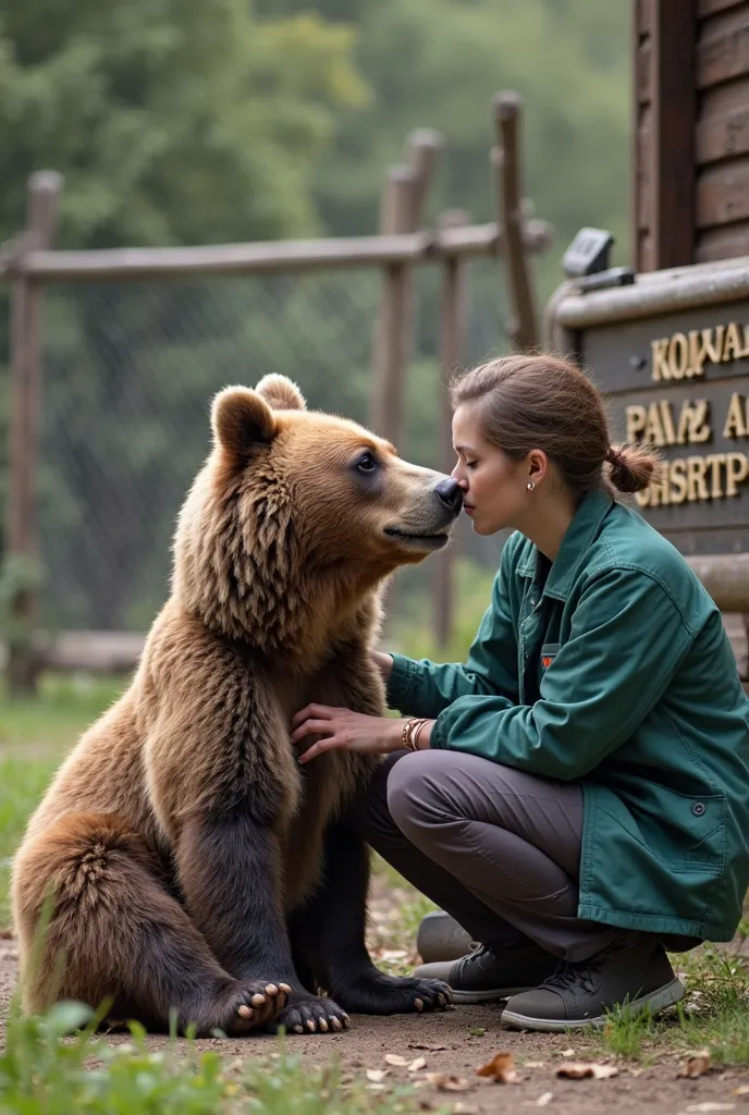 The bear is sitting calmly at an animal protection center, being fed by a caretaker. A signboard in the background reads "Animal Protection Center." The atmosphere is calm and peaceful. HD quality photo 