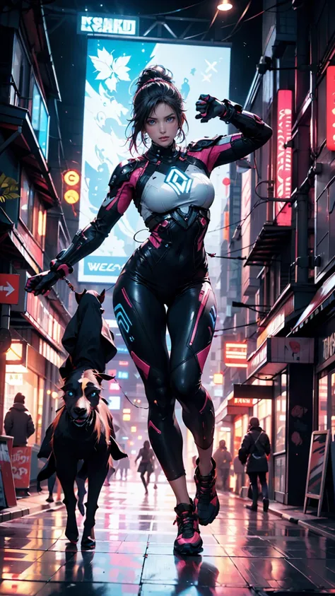 Demihawks,  city sprawl , woman, urban  dance clothing, Dramatic Lighting, High Contrast, silhouette, Poster-worthy, street fashion from final adjustments, graffiti, neon lights,  Shadow, dystopian, Cyberpunk,  future, Sci-fi, tron ,  Leaf Runner , Elysium...