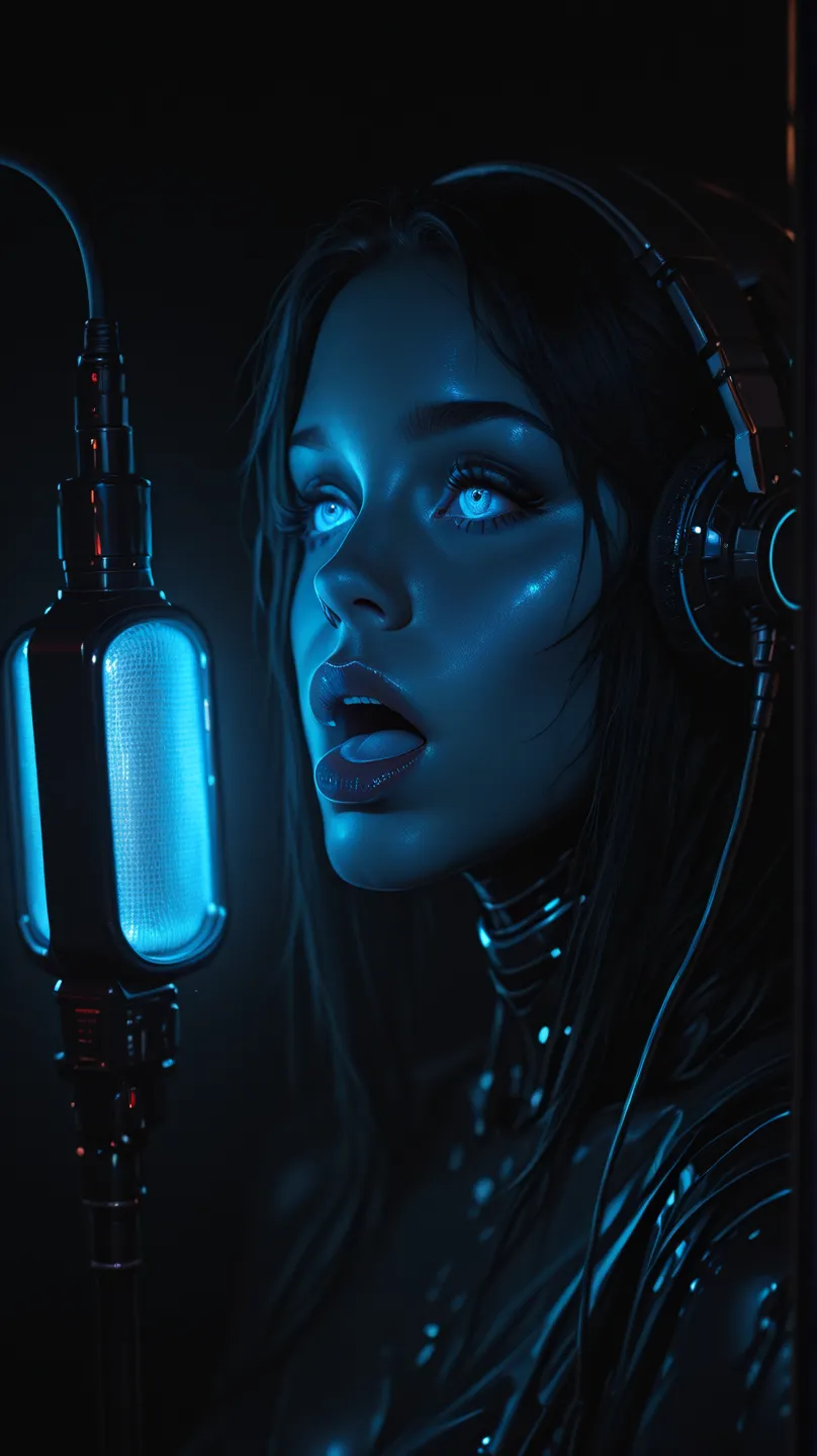 photorealistic eye contact with a sensual futuristic robotic woman singing with a microphone, blue eyes, studio lights, black background, chiaroscuro, soft red and blue led lighting and reflections