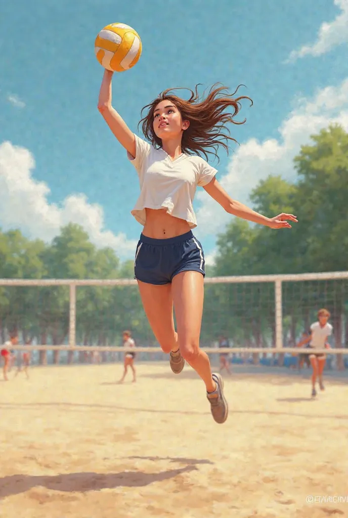 A girl of medium height with medium wavy hair playing volleyball who looks a little real the image