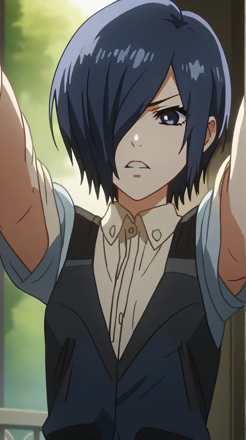 score_9, score_8_up, score_7_up, source_anime, anime screencap, 1girl, solo, kirishima touka, blue hair, hair over one eye, blue eyes, incoming hug