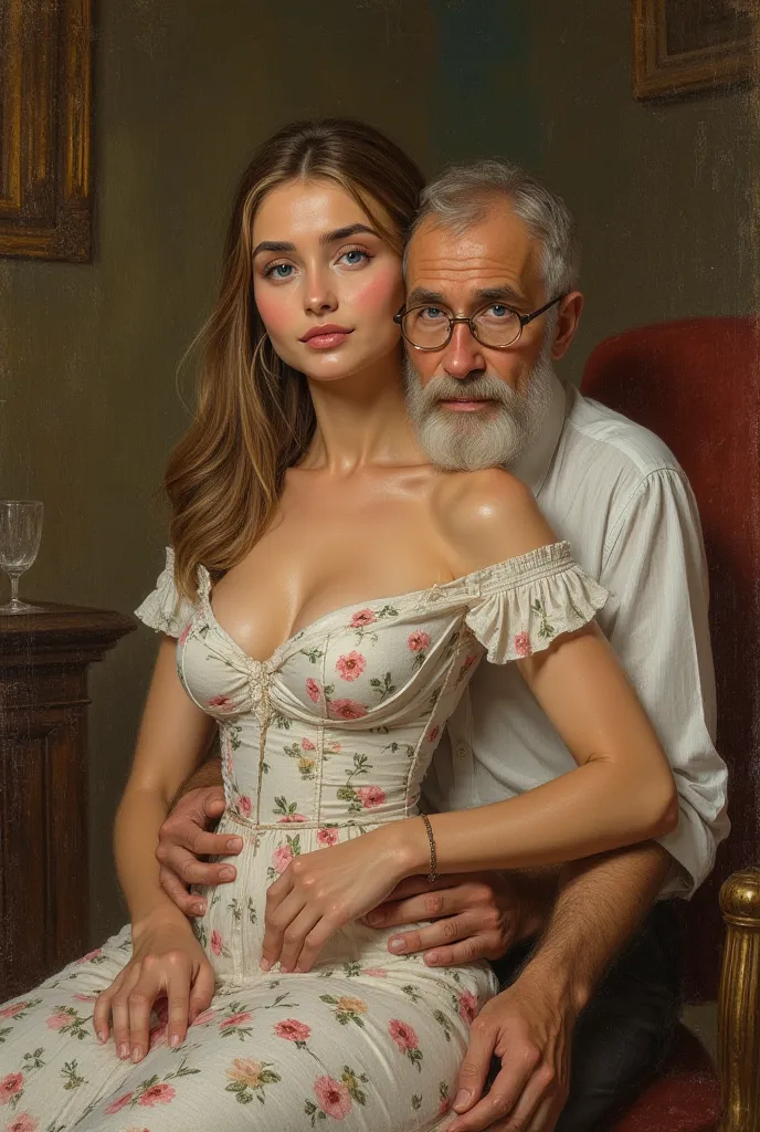 masterpiece，A work that looks like a masterpiece、Impressionism 、Renoir， European style, Looking at the camera, beautiful young girl big breastsLooking at the camera, beautiful young girl big breasts, blue eyes, girl Large neckline, 1old man, Beautiful youn...