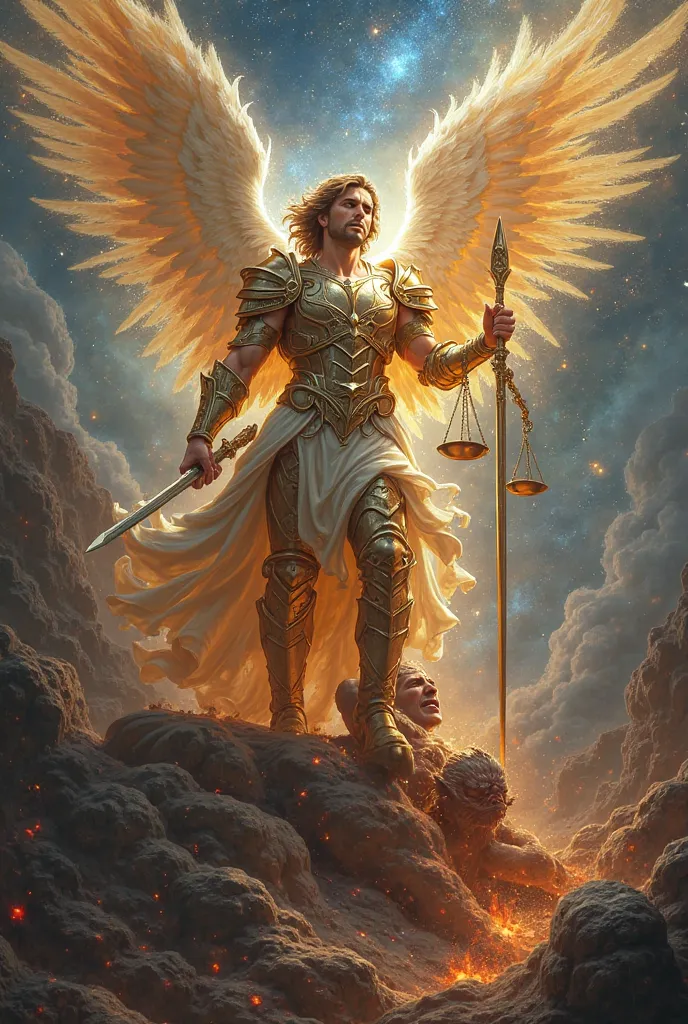 Michael the archangel pinning demonic lucifer down with his sword  and the scales of balance tied to spear  