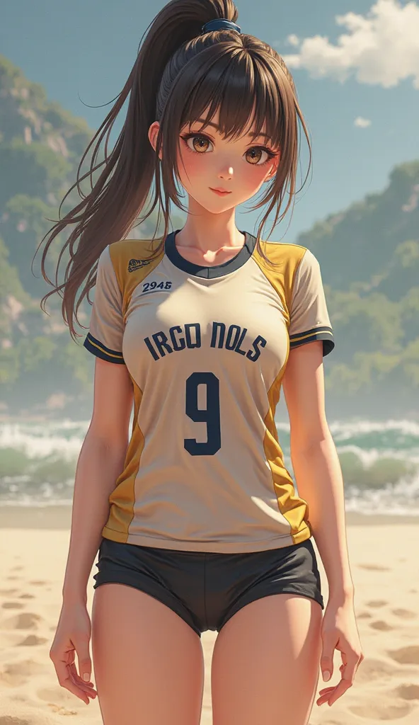 ((masterpiece, the best quality)),a ,8K,Realistic Approach,Complicated details,A Chinese girl with big breasts, Female,Women's volleyball uniform,Wearing the number 9 jersey, over knee-length socks ,inner sand bottom,Tall boy,long leges,Horsetail, raised b...