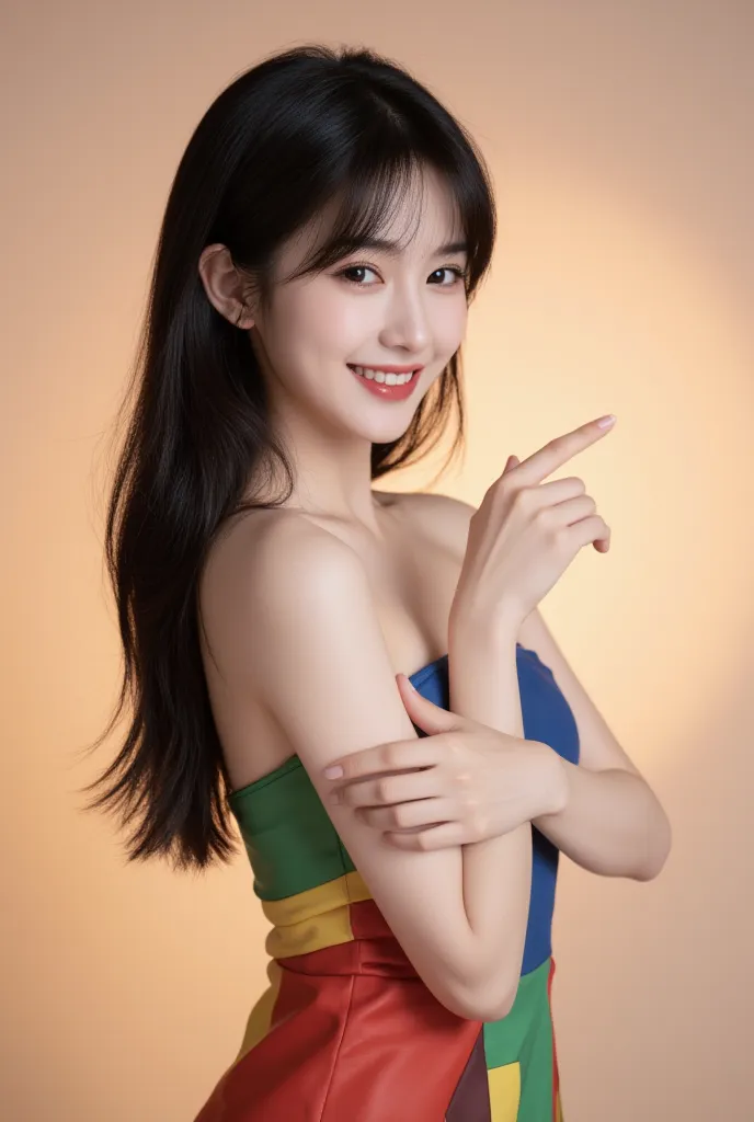 A portrait of a young Korean woman with a radiant, genuine smile, wearing an colorful elegant  leather strapless evening dress that accentuates her figure. Her jet-black hair is perfectly straight, flowing past her shoulders with a glossy finish. She's cap...