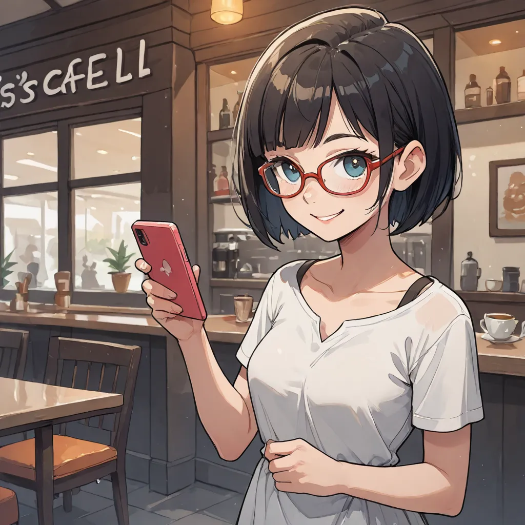 A woman wearing short-cut glasses is smiling while looking at her cell phone at a cafe