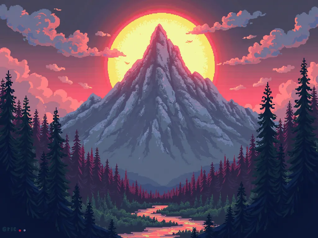 A mountain, surrounded by a forest, with a solar eclipse and a reddish sky in 16-bit pixel art
