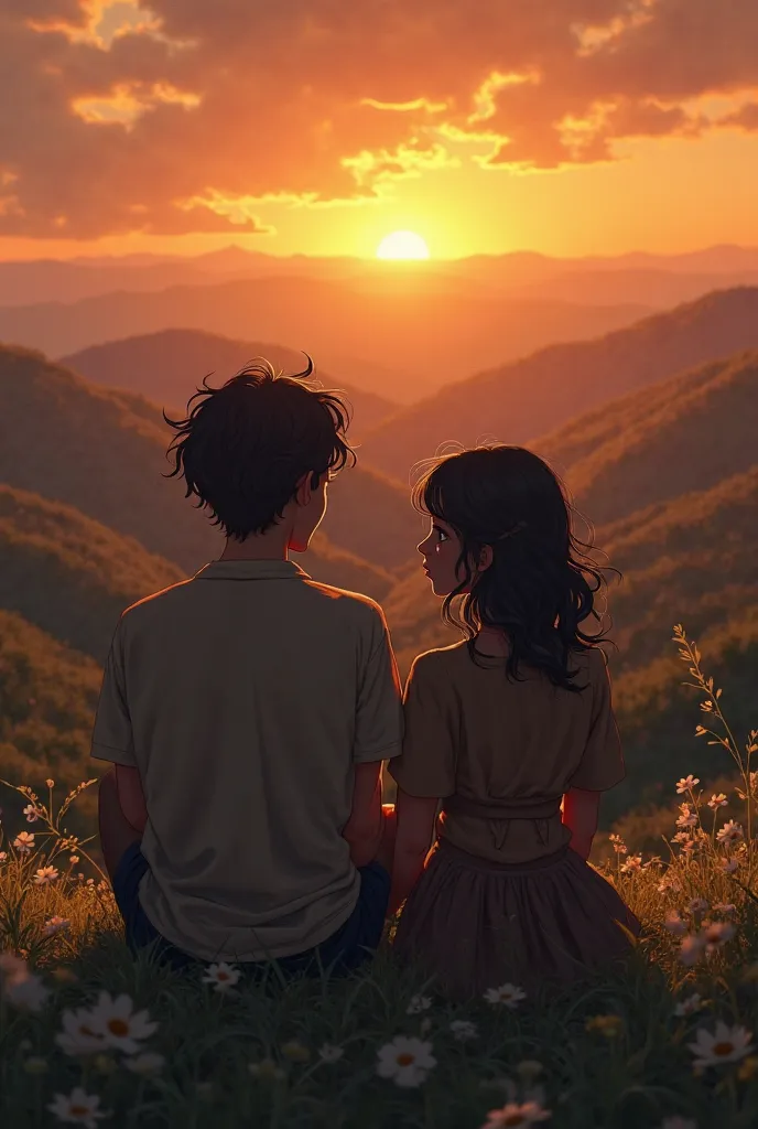 Alessia and Leonardo sitting together on a hillside, watching the sunset, with tears streaming down their faces