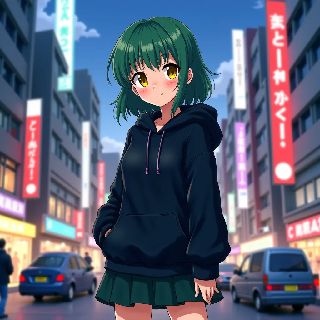 Anime drawing of a girl with green hair, yellow eyes, in a black long-sleeved hoodie, a dark green skirt. Walking in the city.