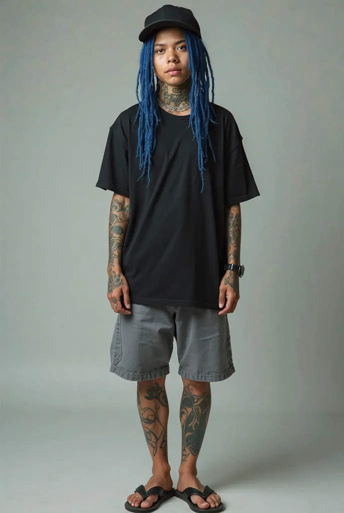 A 19-year-old Brazilian light white-skinned man with short blue dreads with a black cap and tattoos all over her body, literally everything, even on her legs, flip flops and shorts and realistic black t-shirt in front. 