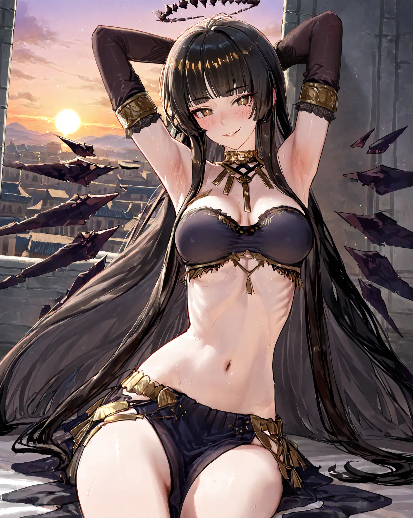 {{super detail, best quality, anatomically correct, textured skin, high quality, high details, highres, masterpiece}}, solo, 1girl, virtuosa, ryuusaki ichi style, black hair, long hair, bangs, blunt bangs, halo, yellow eyes, bandeau, dancer, cross-laced le...