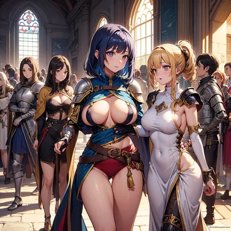 sideboob, underboob, safe, High quality, super detailed, best quality, highly detailed, beautiful, masterpiece, vibrant colors, shiny skin, perfect anatomy, female group, harem, knights, armor, medieval, fantasy, pouches, big boobs, 