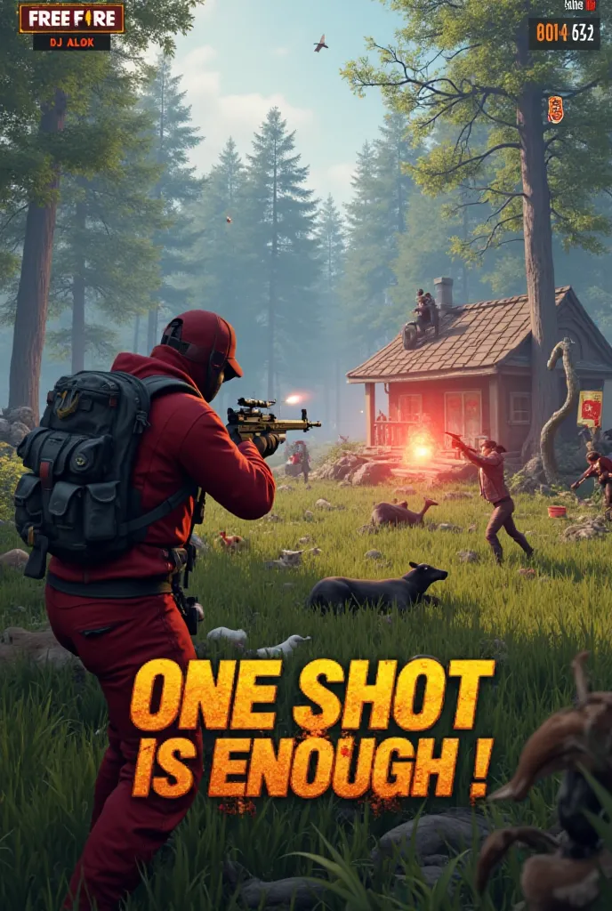 "A third-person shooter game named Free Fire  scene where a game  character name Dj Alok wearing a red outfit and a backpack, holding a Mp 40 rifle. The character is aiming at an enemy, with a red headshot icon and damage number (e.g., 332) appearing near ...