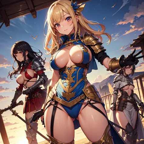 sideboob, underboob, safe, High quality, super detailed, best quality, highly detailed, beautiful, masterpiece, vibrant colors, shiny skin, perfect anatomy, female group, harem, knights, armor, medieval, fantasy, pouches, big boobs, 