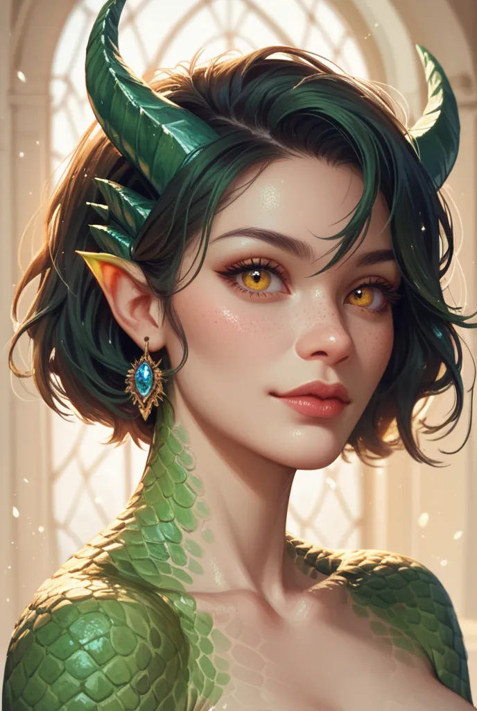 Dragonborn woman with yellow dragon eyes, green scales and green horns, Short dark hair portrait, Make it more draconic with more scales on the face but leaving beauty