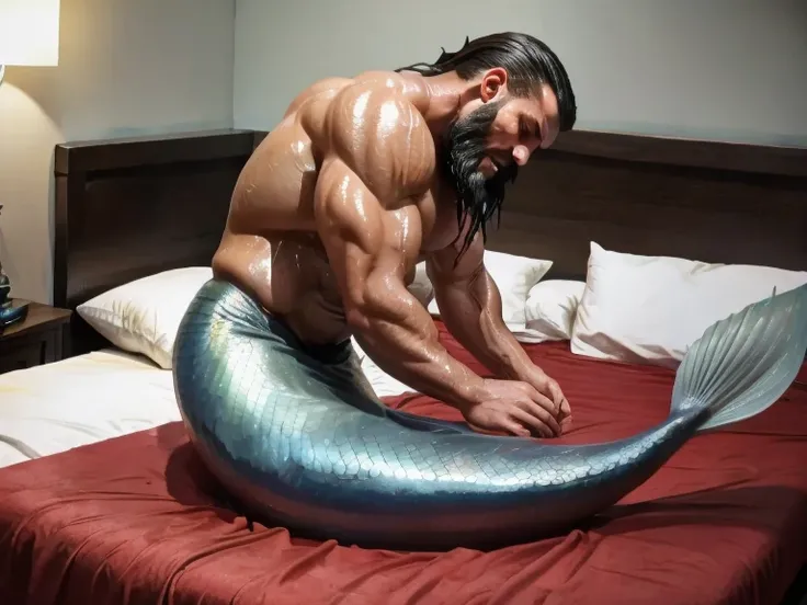 Dominant muscle man with gray mermaid tail moving on bed. Bottom. Merman is wet and oiled ,  cracked and greasy. It is very much oiled and wet. Black long hair, long beard.