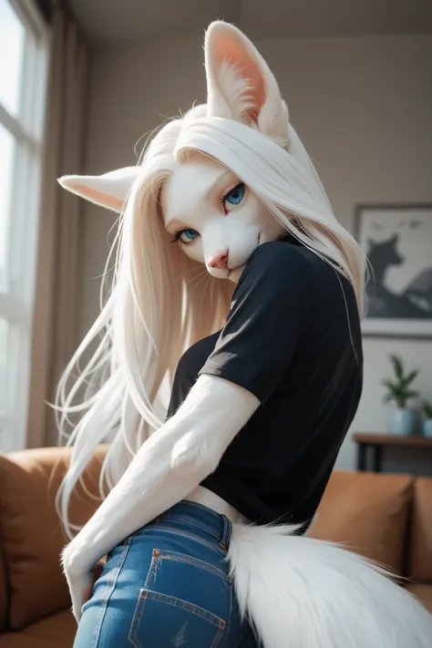 anthro furry female, white ears, white long hair, center parted hair, tail, white fur, skinny, face-focus, narrowed blue eyes,black tops, jeans, first-person perspective hug