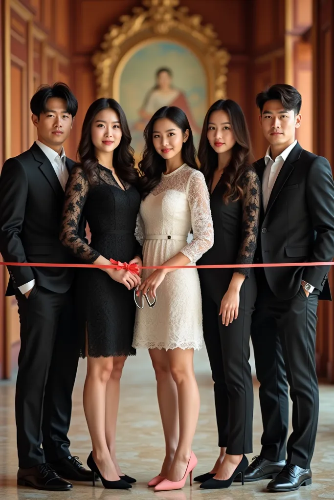 photography 3 handsome asian men with neat hair and one of them has long curly hair they wear the same uniform and compact service and there are 2 beautiful women wearing casual long-sleeved lace dresses looking elegant in the middle of them one of the wom...