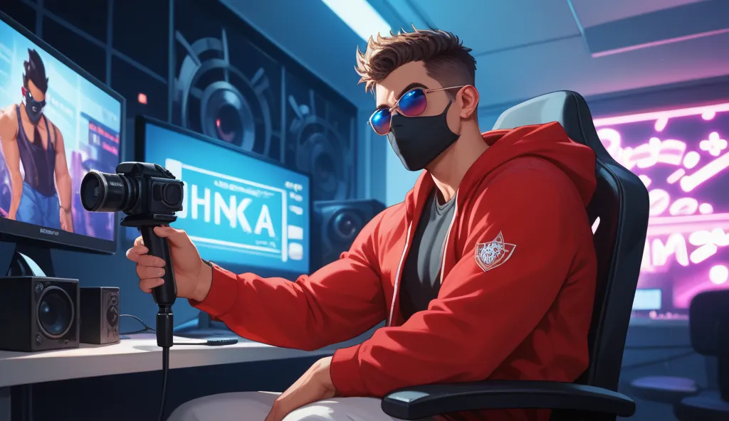 An Indian man sitting confidently on a modern gaming chair in his YouTube studio. He is wearing a bright red colour hoodie with LEGEND&LIVES boldly printed on it. His face is clearly visible and expressive despite wearing a sleek black covID-19 mask. The m...