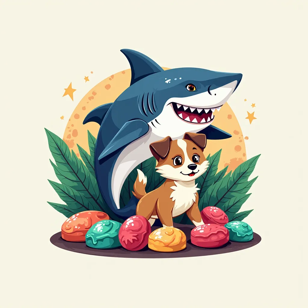 logo of a dog, A shark and gummies