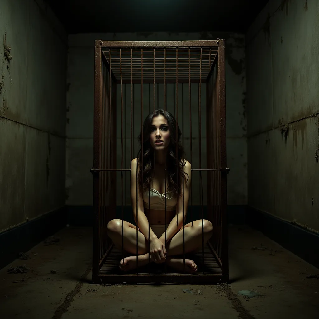 Highly realistic photo of Ariana Grande sitting in a cage. Cage is in the middle of the floor in a creepy basement. wavy hair. 