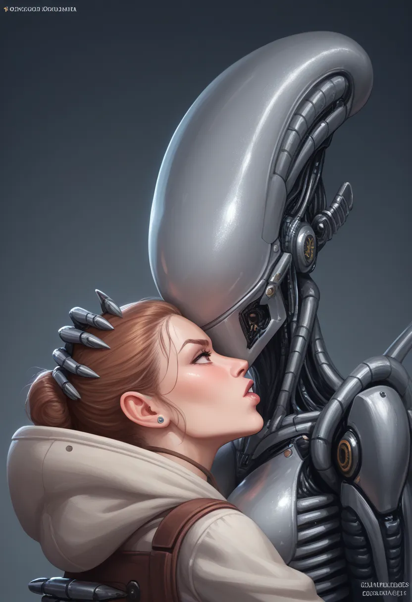 alien kissing robot . a cyborg that is fully robotic/mechanical except the human brain that incased in a hard transparent head/helmet (acrylic polycarbonate plastic)_ , reveals a human brain floating in amniotic fluid. To him，she was nothing more than a to...