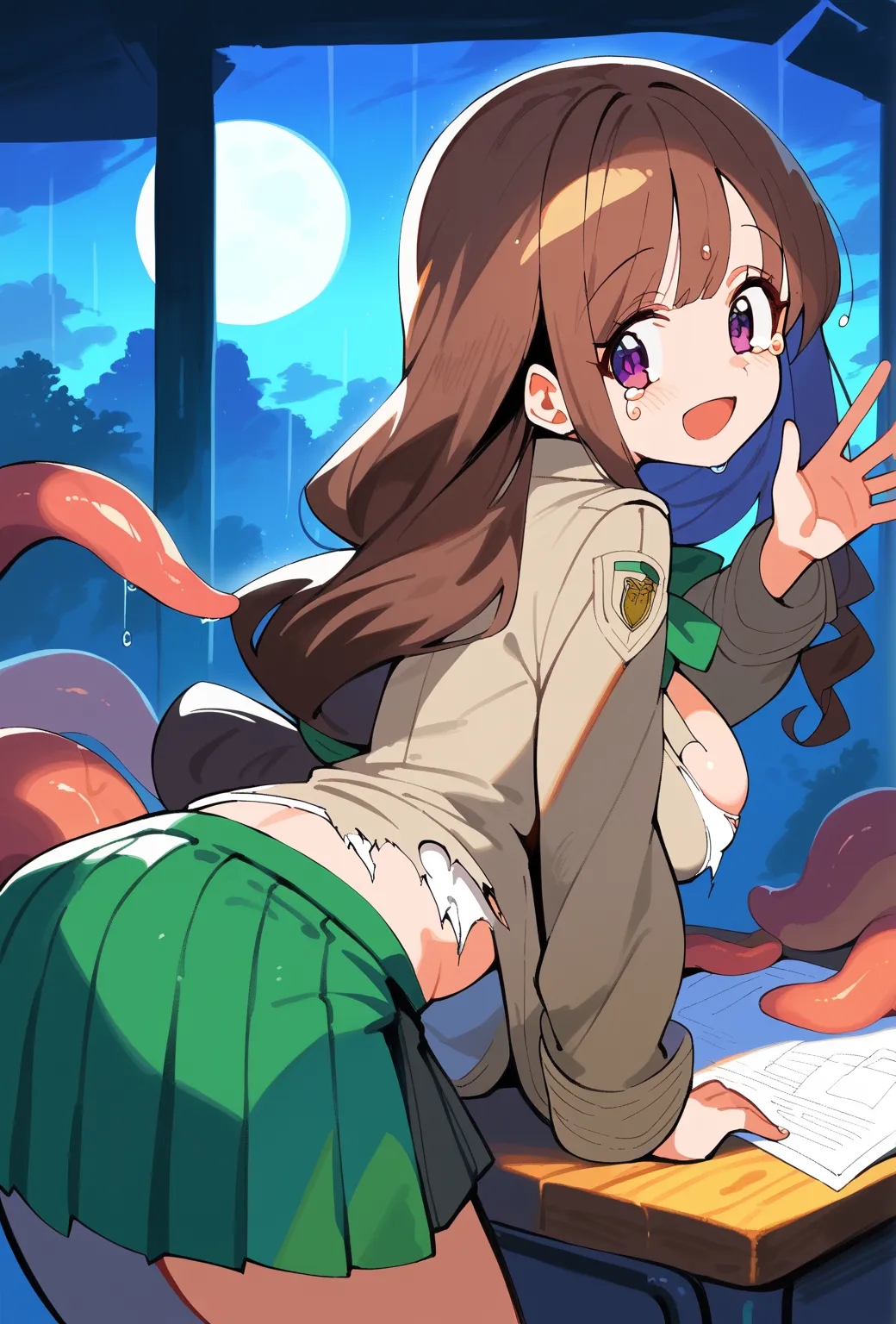 1girl, Brown hair, long hair, sidelocks, Low-Tied Long Hair, purple eyes, school uniform, Brown jacket, green ribbon, pleated skirt, sitting, indoors, desk, classroom, waving, smile  score_9, score_8_up, score_7_up, score_6_up, score_5_up, score_4_up, BREA...