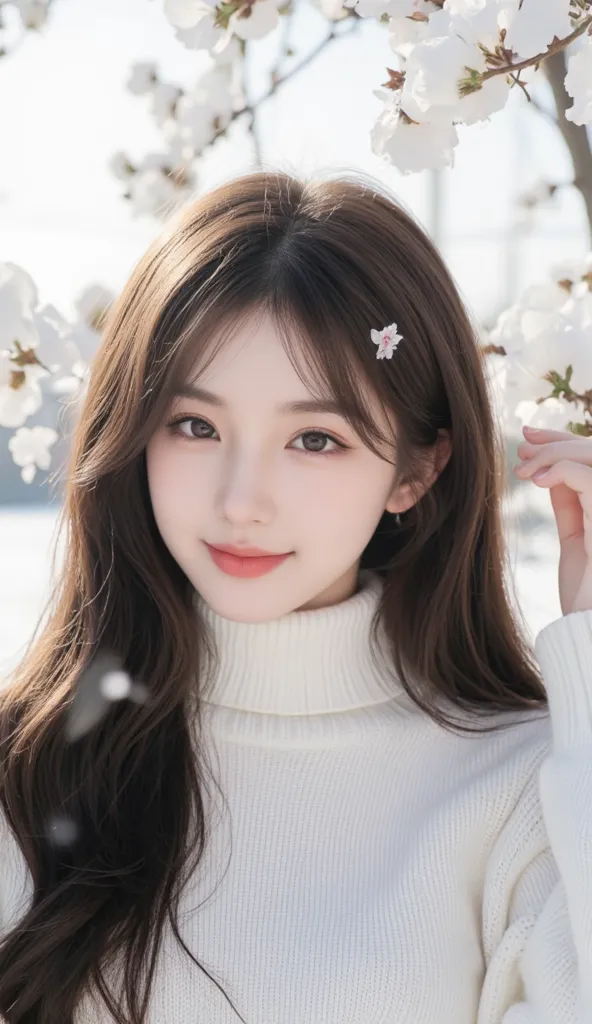 (  Perfectly Completed Anatomy  )herbの色合いはより豊かで濃く、Very cute charming smile Girl in a white sweater with long hair fluttering (close-up) cute girl with a happy smile　anime　herb　flower　Visual Effects　surreal　 beautiful romantic background 　Under white snow　G...