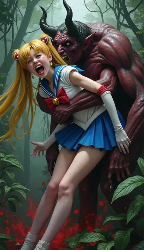 Hyperrealism, masterpiece, highest quality, A young Japanese woman is bending down and hugging from behind by a devil, ((she is crying and screaming in pain)), tears from her eyes, painful face, she is wearing a Sailor Moon costume, Blue sailor collar, Blu...