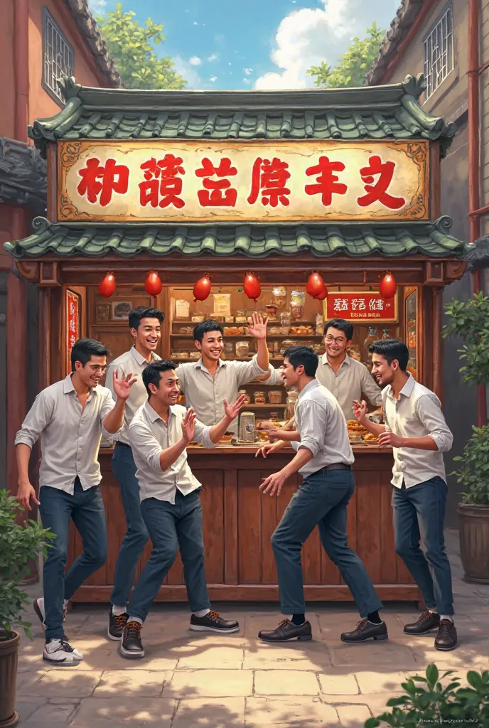 Six men are frolicking in front of a meatball stall,  real realistic photo 