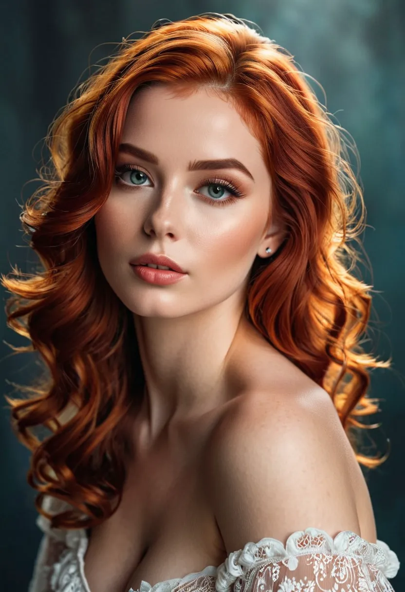 " A hyperrealistic illustration , masterpiece, IMAGE OF AN EXTREMELY BEAUTIFUL WOMAN. It has white, radiant skin, with a subtle sheen that enhances its softness and detail. Her hair is red-haired , long and silky, with vibrant reflections that highlight it...