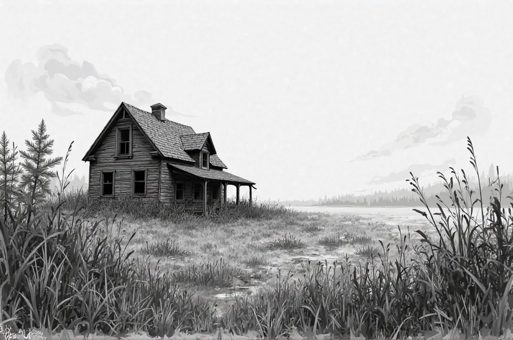 Create an image of a background for a video game, Anywhere like a field, with an abandoned house and grass around. That has a sinister and terrifying touch. Let it be with a drawing-like finish, And to black and white. With extensive detail in the backgrou...