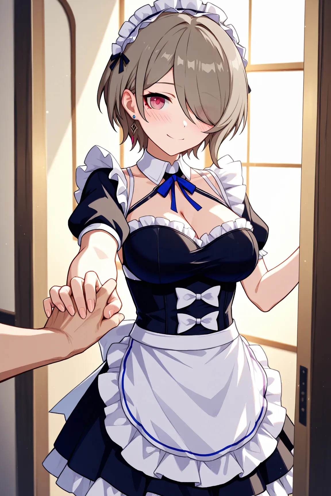 Rita Rossweisse (Honkai Impact 3rd), in her sweet maid outfit, with a gentle face and a sweet smile her, welcomed her Master home with joy, gently held one of her master's hands and said "Welcome home, My Dear Master!" her face started to blush when she sa...