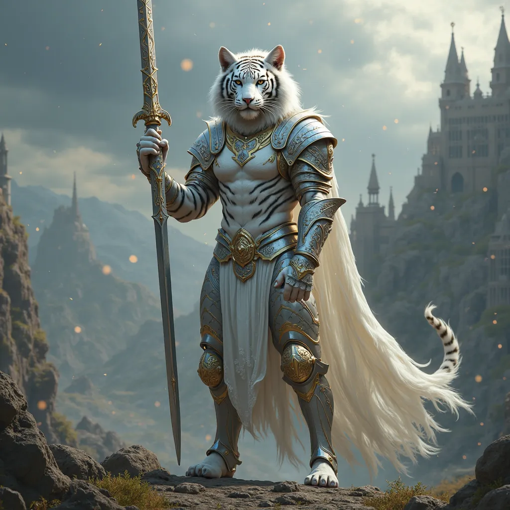 image of white tiger-bodied knight holding a sword,,ultra hd realistic