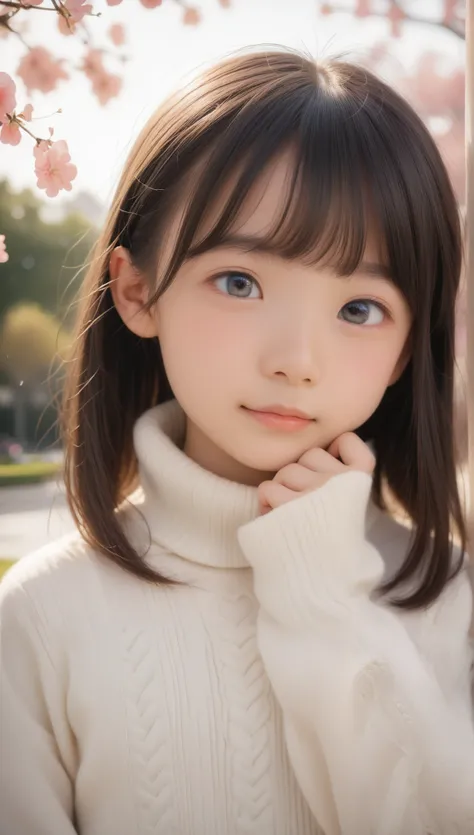 (top quality, Ultra High Resolution, realistic:1.2), (very young girl:1.5), (Very young body:1.7), The beauty of Japan is very present, lovely face, beautiful eyes, sweater , hair blown in the wind, (You're too close:1.2), face, Park