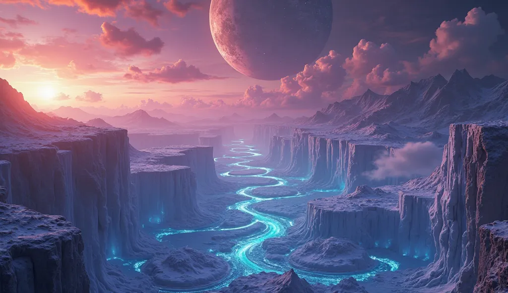 the planet Azuron, a world of vertical oceans suspended that form liquid pillars between purple and orange skies, sparkling rings of ice cutting the horizon like spirals of diamonds, bioluminescent clouds pulsating in a hypnotic rhythm. sharp in high defin...